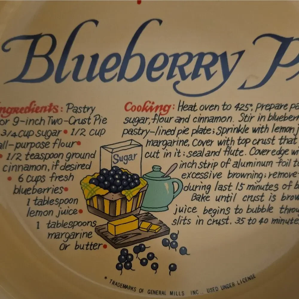 Vtg Betty Crocker Blueberry Pie Recipe Plate Ceramic Baking Dish Fluted 10